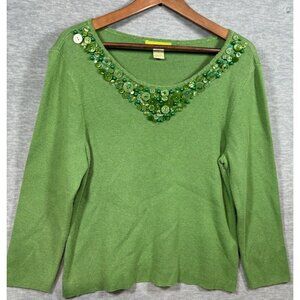 Sigrid Olsen Green Embellished Sweater XL V-Neck Silk Blend